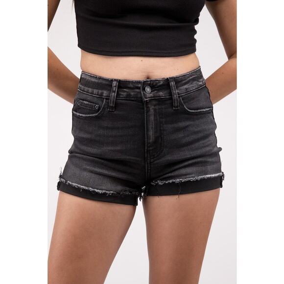 NWT Zenana sz S black grunge stretch pull on shorts raw hem comfort casual NEW - Picture 2 of 7